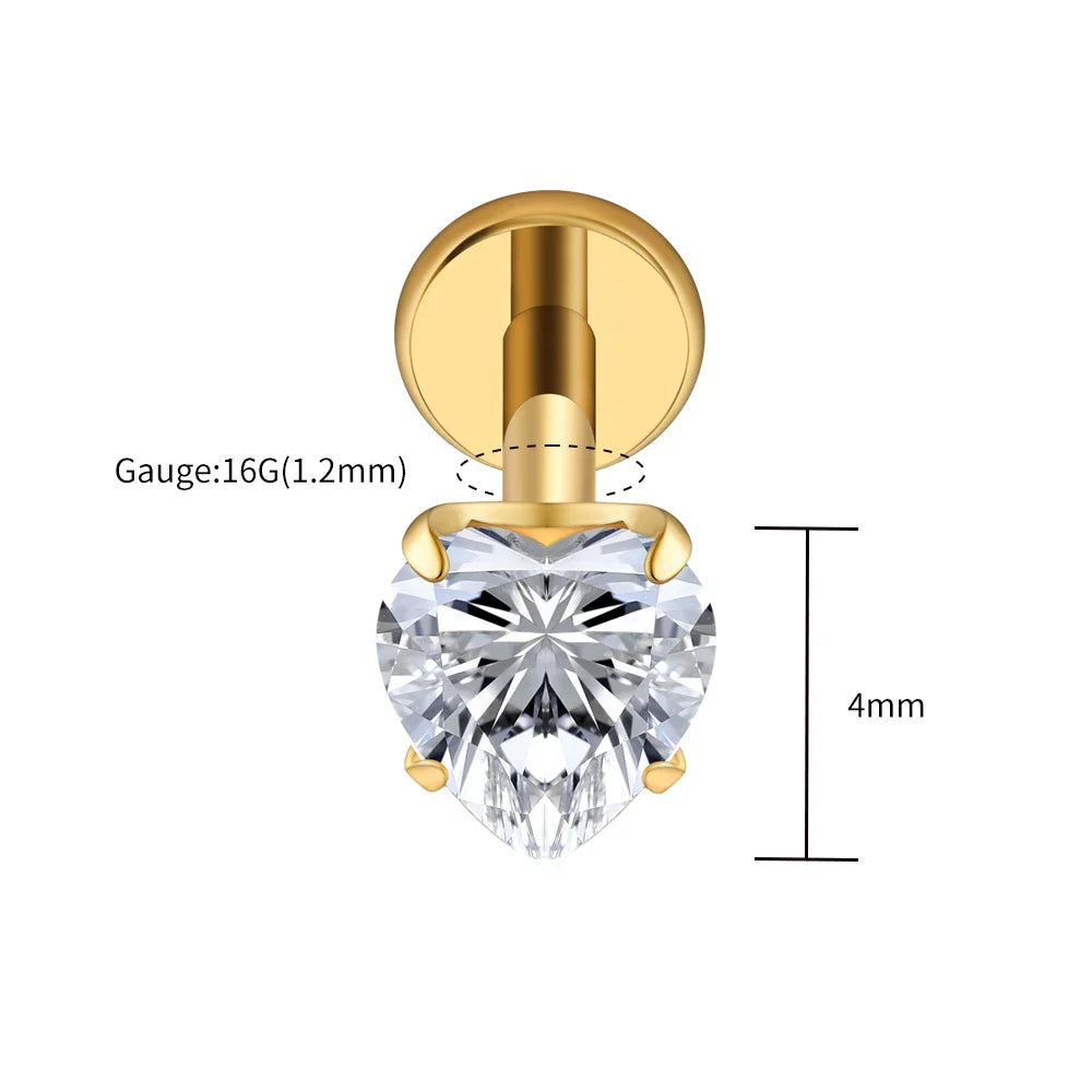 Right Grand ASTM F136 Titanium 16G Heart CZ Threaded Labret Stud – 3mm/4mm/5mm CZ Cartilage, Tragus, Helix & Nose Piercing Jewelry