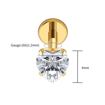 Right Grand ASTM F136 Titanium 16G Heart CZ Threaded Labret Stud – 3mm/4mm/5mm CZ Cartilage, Tragus, Helix & Nose Piercing Jewelry