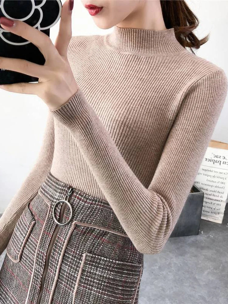 Autumn Winter Women's Mock Neck Sweater - Vintage Solid Knitted Casual Slim Pullover, Chic Korean Jumper Tops