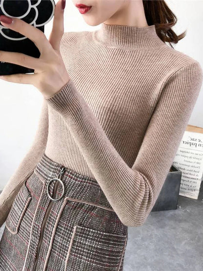 Autumn Winter Women's Mock Neck Sweater - Vintage Solid Knitted Casual Slim Pullover, Chic Korean Jumper Tops