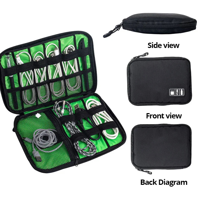 Black & Green Portable Storage Bag – Waterproof Electronic Accessory Organizer for USB Cables, Chargers & Travel