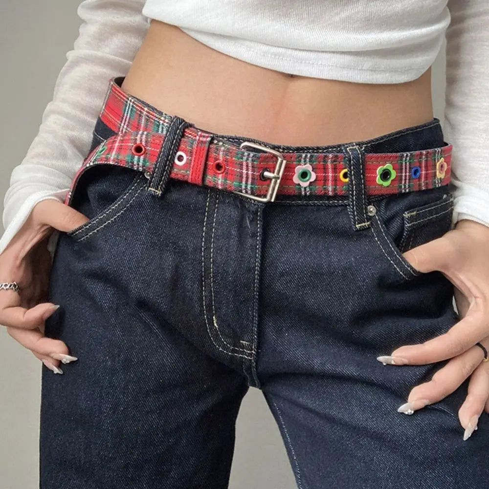 Y2K Red Plaid Adjustable Waist Belt with Pin Buckle – Punk Style Cute Fashion Waistband for Women