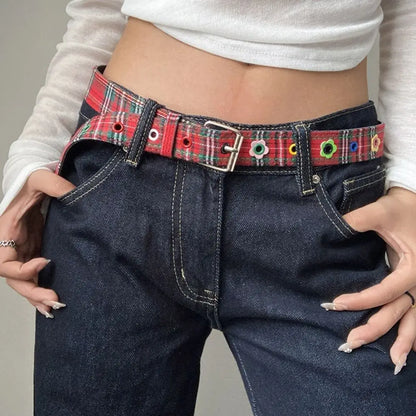 Y2K Red Plaid Adjustable Waist Belt with Pin Buckle – Punk Style Cute Fashion Waistband for Women