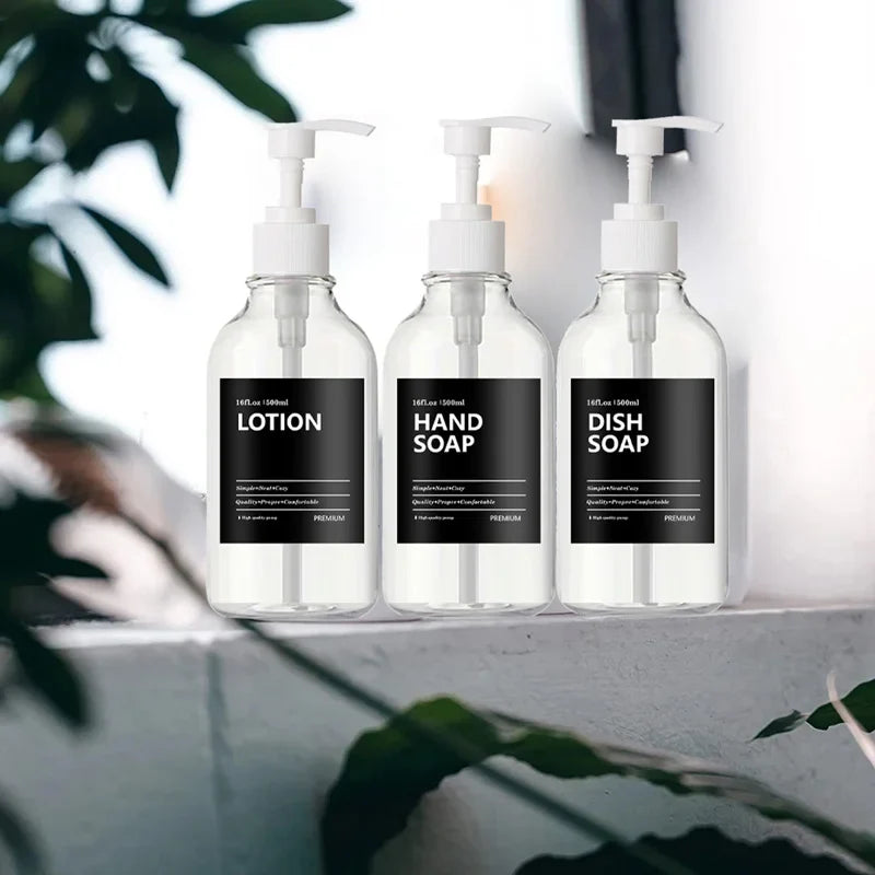 3 Pack 500ml Soap Dispenser Bottles with Labels – Kitchen & Bathroom Shampoo, Conditioner, Liquid Soap Containers
