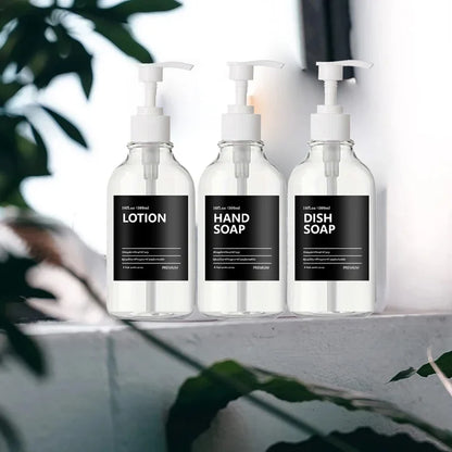 3 Pack 500ml Soap Dispenser Bottles with Labels – Kitchen & Bathroom Shampoo, Conditioner, Liquid Soap Containers