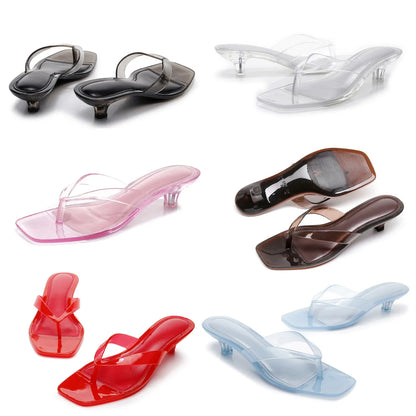 Women’s Crystal Jelly Slippers - Low Glass Heel Square Toe Summer Beach Sandals