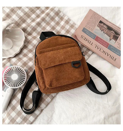 Women's Mini Backpack - Fashionable Solid Color Corduroy Casual Schoolbag with Large Capacity