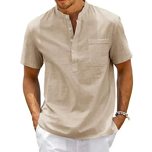Men’s Cotton Linen Henley Shirt – Short Sleeve Casual Beach Top with Pocket, Solid Color Vintage Streetwear T-Shirt Blouse