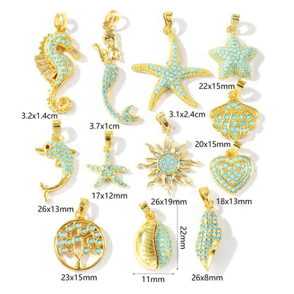 Blue Cubic Zirconia Ocean Charm Pendant Set – 18K Gold Plated Starfish, Mermaid & Conch DIY Necklace Jewelry