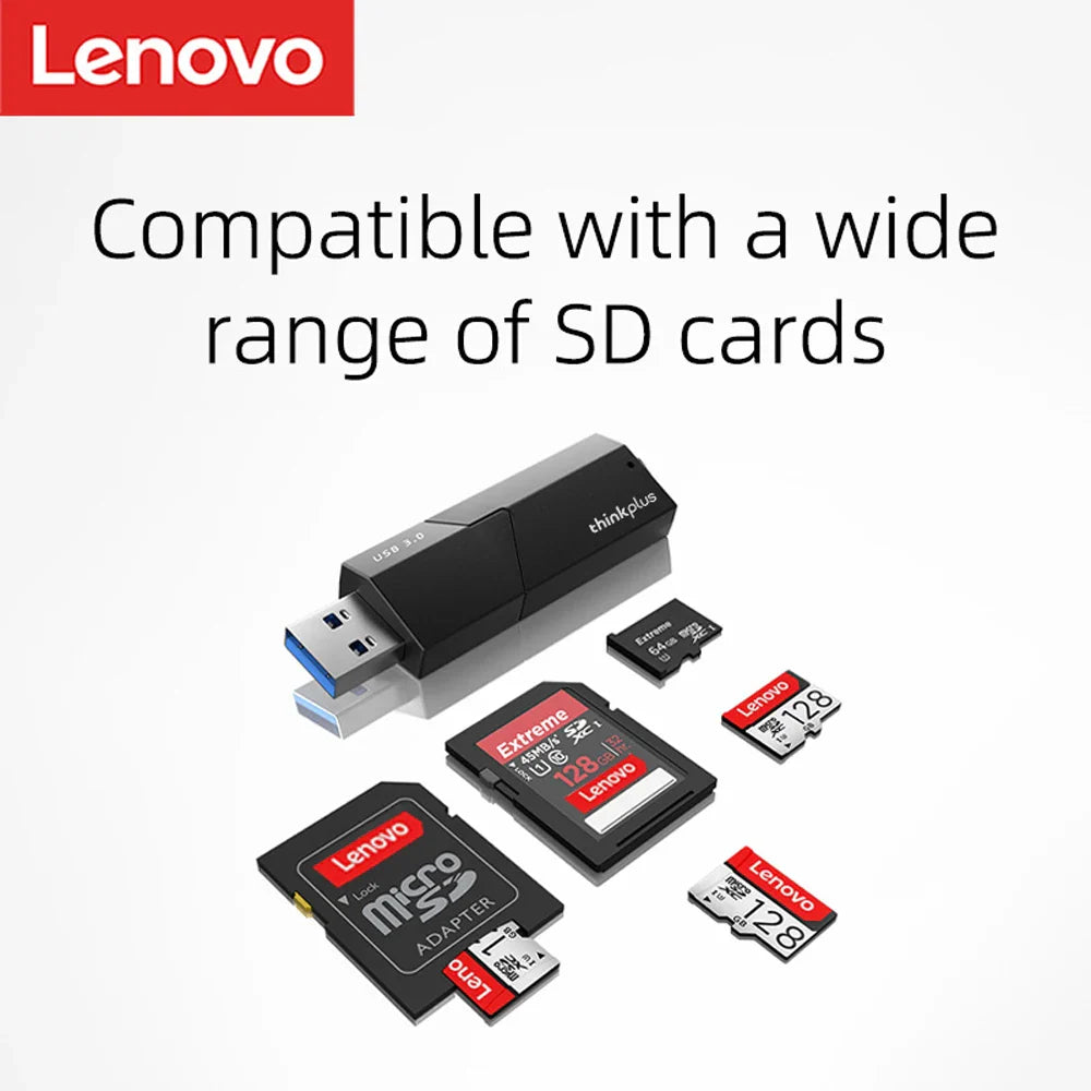Lenovo D204 2 in 1 Memory Card Reader - Dual Interface USB 3.0 SD Card Adapter, Multi-Device Compatible