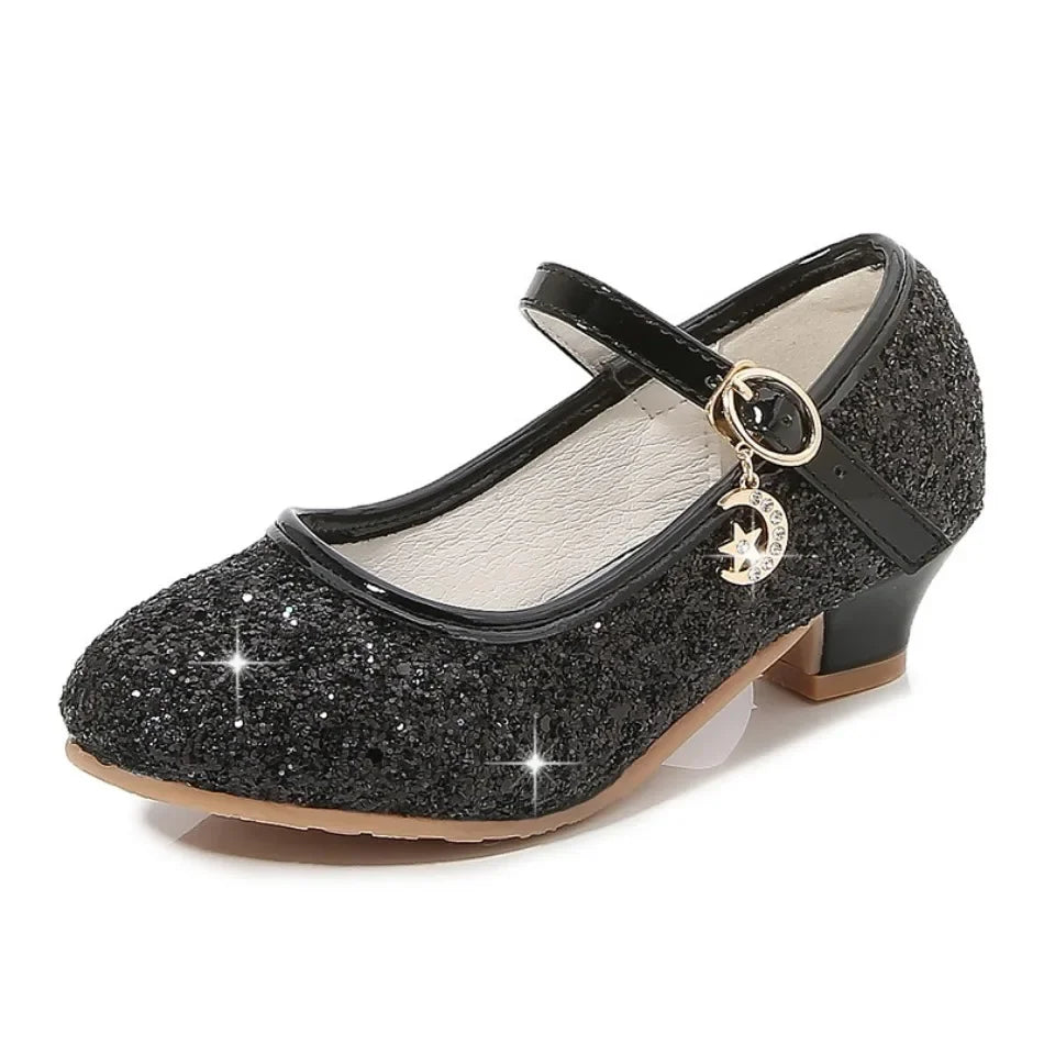 Girls Glitter Crystal High Heel Sandals - Buckle Princess Dance & Performance Shoes