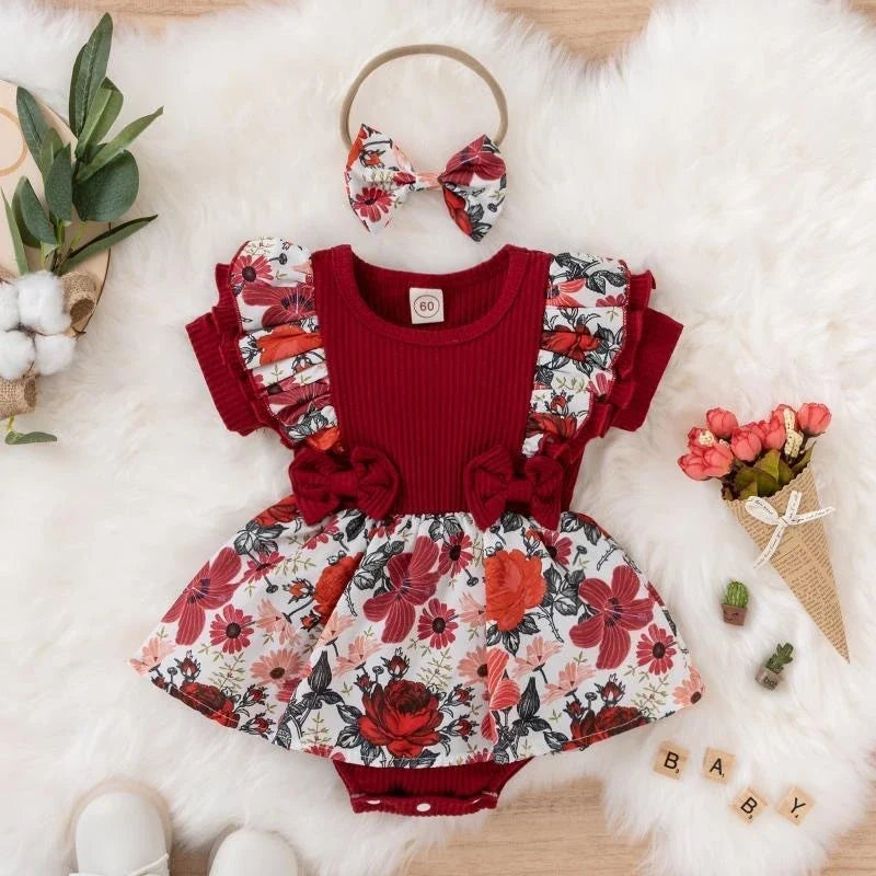 Summer Baby Girl Dress - Cotton Striped Jumpsuit with Bowknot & Floral Design for Newborns