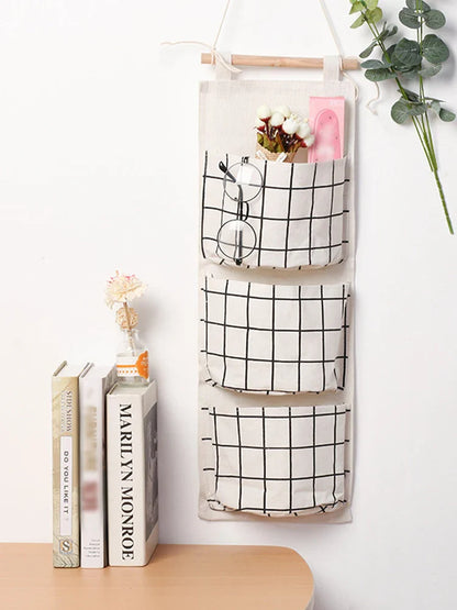 Three-Pocket Hanging Wall Storage Bag – Cotton Linen Organizer for Bedroom, Living Room & Kitchen