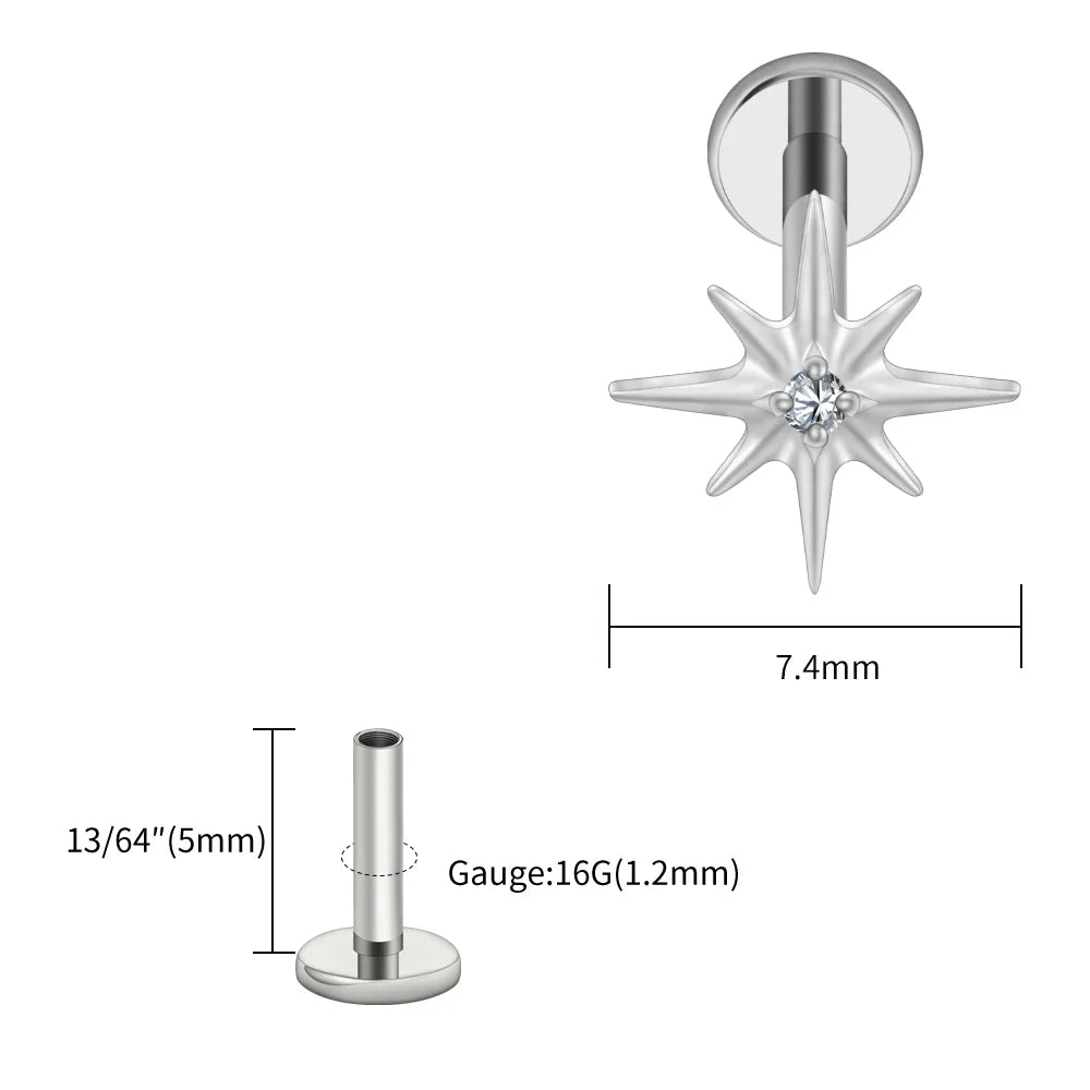 Right Grand ASTM F136 Titanium CZ North Star 16G Flat Back Earring – Tiny Starburst Helix, Cartilage & Earlobe Stud Piercing Jewelry