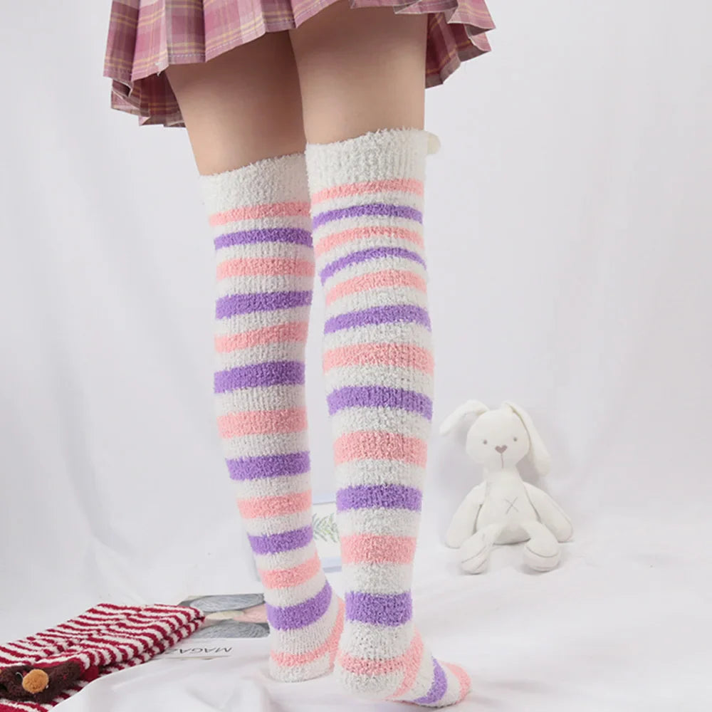 Japanese Girl Animal Knee Socks – Cute Striped Compression Thigh-High Warm Socks for Autumn & Winter