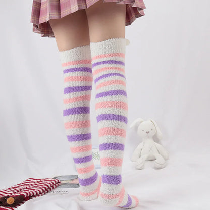 Japanese Girl Animal Knee Socks – Cute Striped Compression Thigh-High Warm Socks for Autumn & Winter
