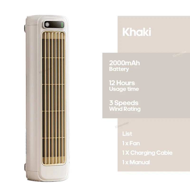 KINSCOTER Portable Air Conditioner Fan – 2000mAh Quiet Desktop Tower Fan, Wall-Mountable Non-Drilling Circulating Fan with 3 Adjustable Speeds
