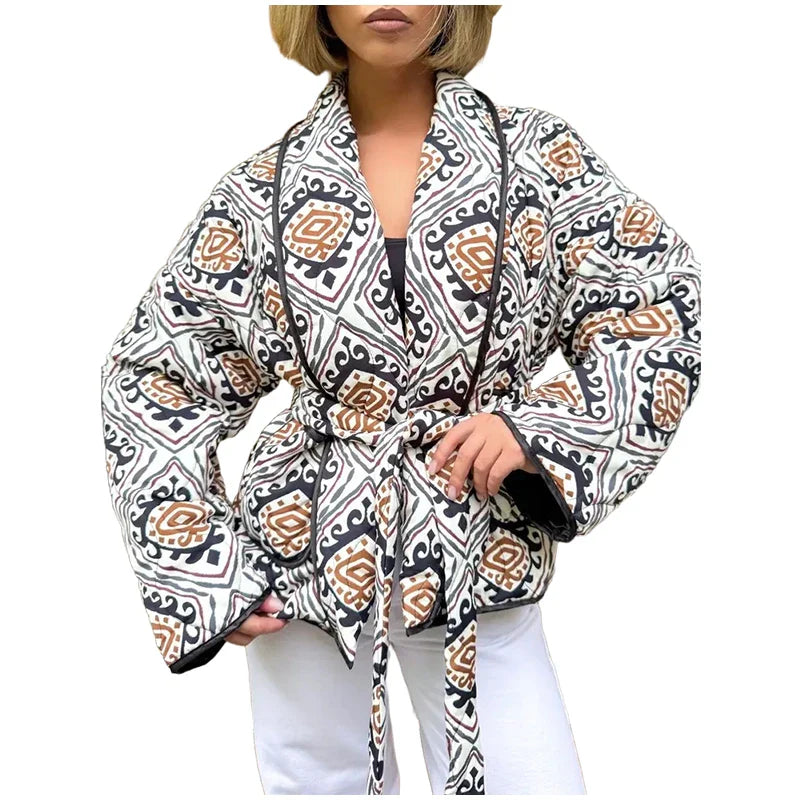 2025 Women’s Printed Quilted Padded Jacket – Collared Cotton Coat with Contrast Piped Pockets, Casual Autumn Outerwear