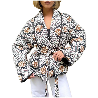 2025 Women’s Printed Quilted Padded Jacket – Collared Cotton Coat with Contrast Piped Pockets, Casual Autumn Outerwear