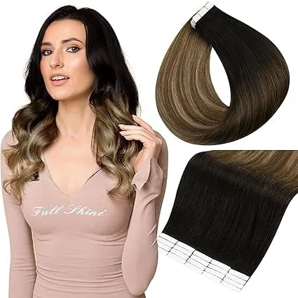 Full Shine Tape In Human Hair Extensions - 100% Remy Straight Hair Double Sided Silky Natural Tapes for Women