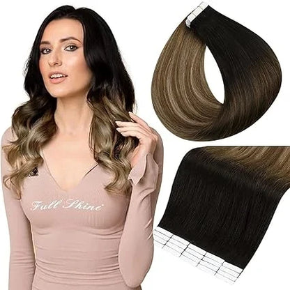 Full Shine Tape In Human Hair Extensions - 100% Remy Straight Hair Double Sided Silky Natural Tapes for Women