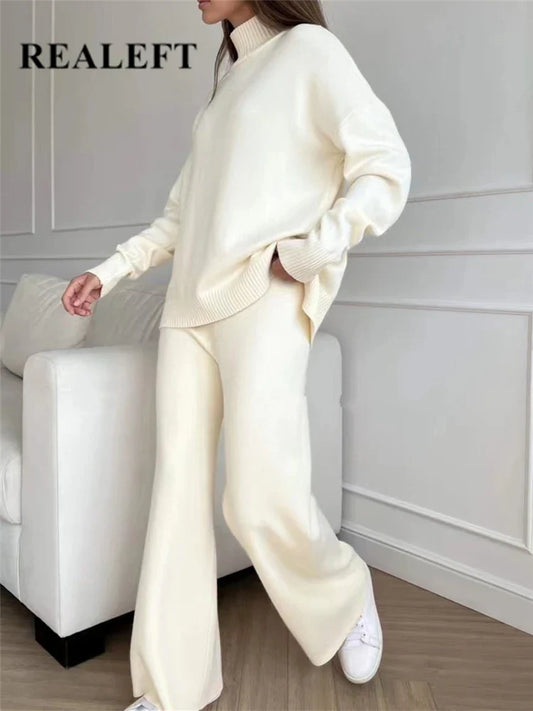 Women’s 2-Piece Autumn & Winter Knitted Tracksuit – Turtleneck Sweater with Straight Jogging Pants Set