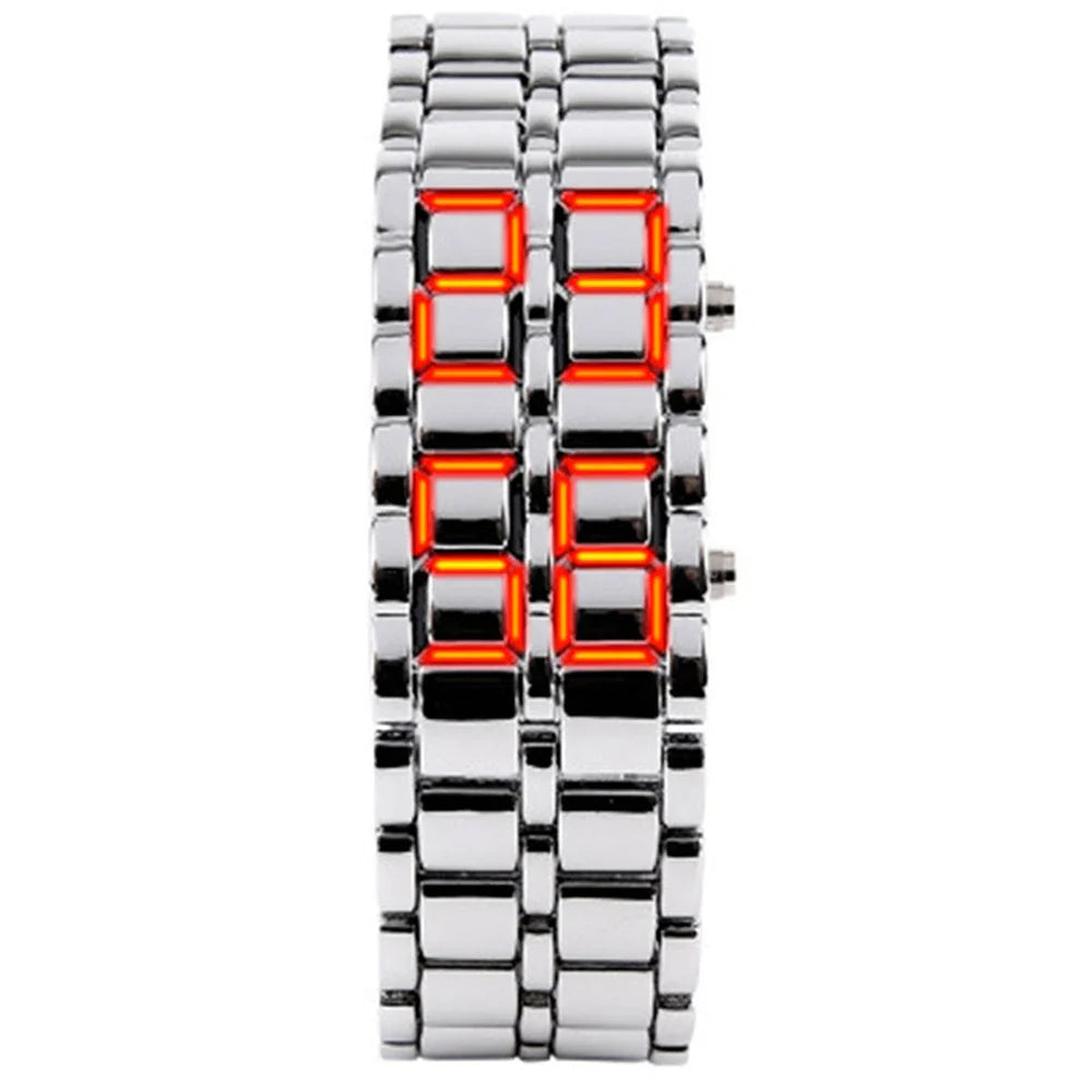 Men's Fashion Digital Lava Wrist Watch – Black Full Metal with Red/Blue LED Display, Sporty Gift for Men & Boys