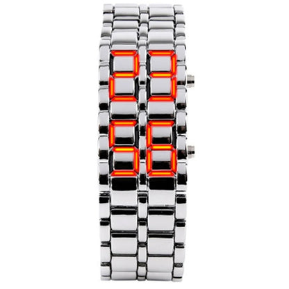 Men's Fashion Digital Lava Wrist Watch – Black Full Metal with Red/Blue LED Display, Sporty Gift for Men & Boys