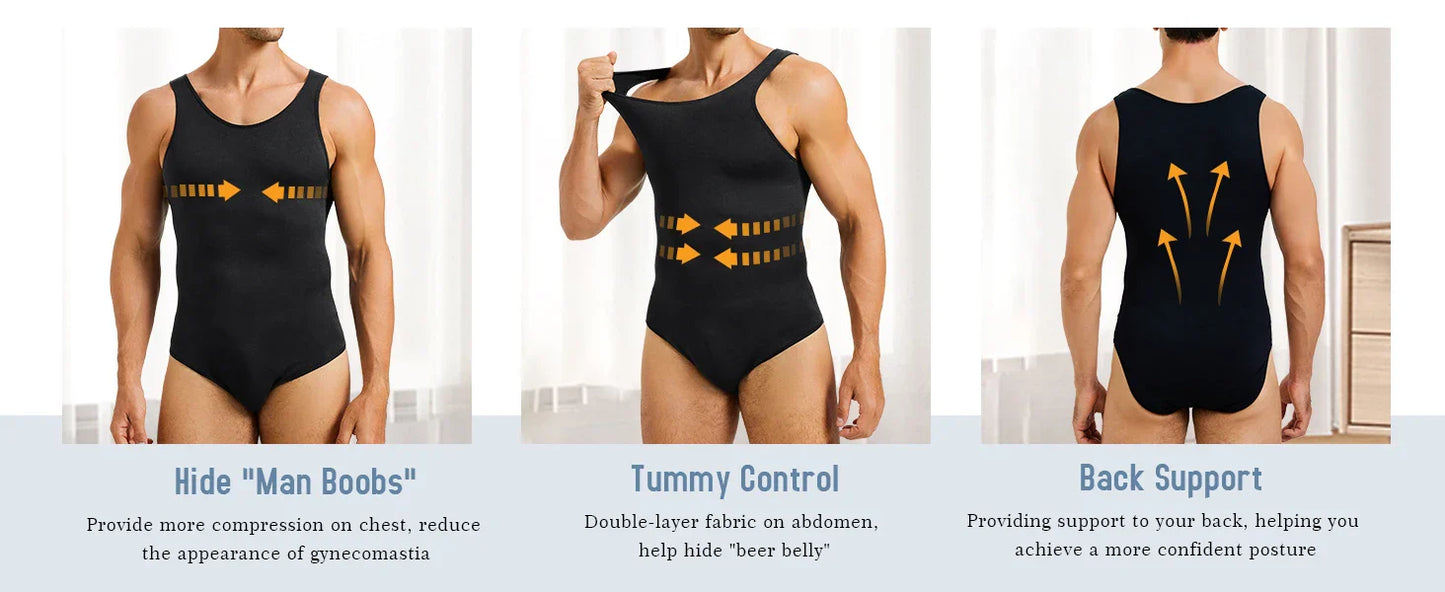 Men’s Sleeveless Bodysuit Shaper — Full Body Compression Undershirt, Tummy Control Slimming Vest Shapewear