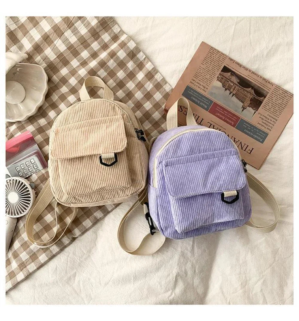 Women's Mini Backpack - Fashionable Solid Color Corduroy Casual Schoolbag with Large Capacity