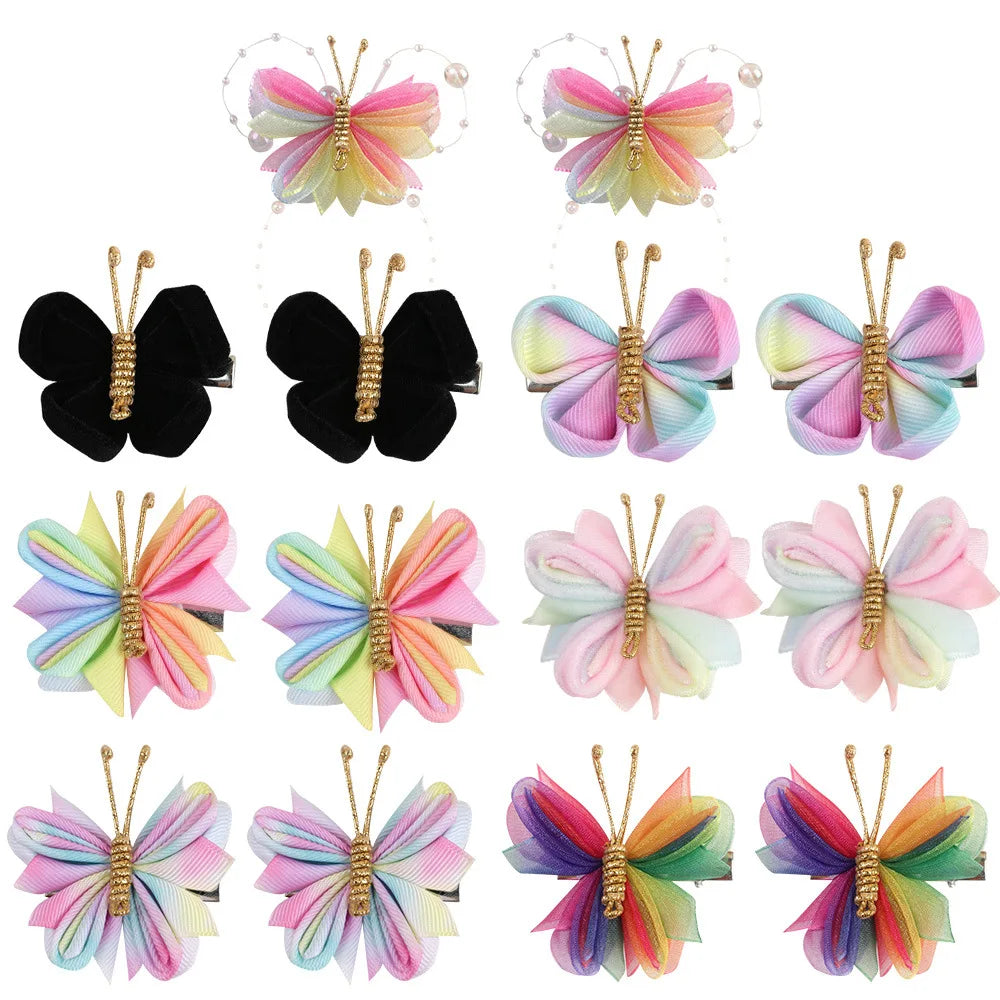 Butterfly Hair Clips with Gold Flocking - 2-Piece Gradient Gauze Hairpins for Girls