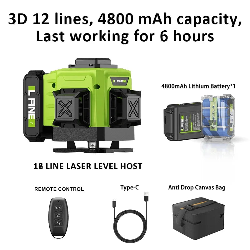 LFINE 3D/4D Laser Level — 12/16 Line Horizontal & Vertical Self-Leveling 360° Laser with Remote Control (8 Lines)