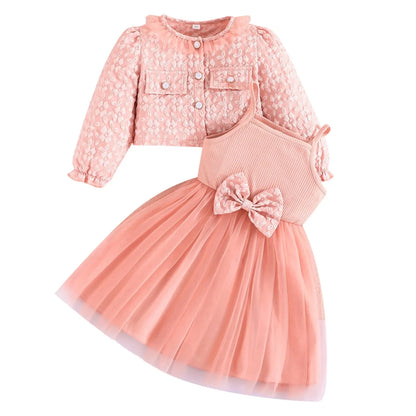 Girls' Summer & Fall 2-Piece Set – Tulle Patchwork Slip Dress with Flower Jacket, Casual Outfit for Ages 2-8Y