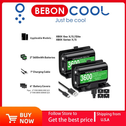 BEBONCOOL 2x3600mWh Rechargeable Batteries for Xbox One & Series S/X Controllers | Xbox Accessories Pack