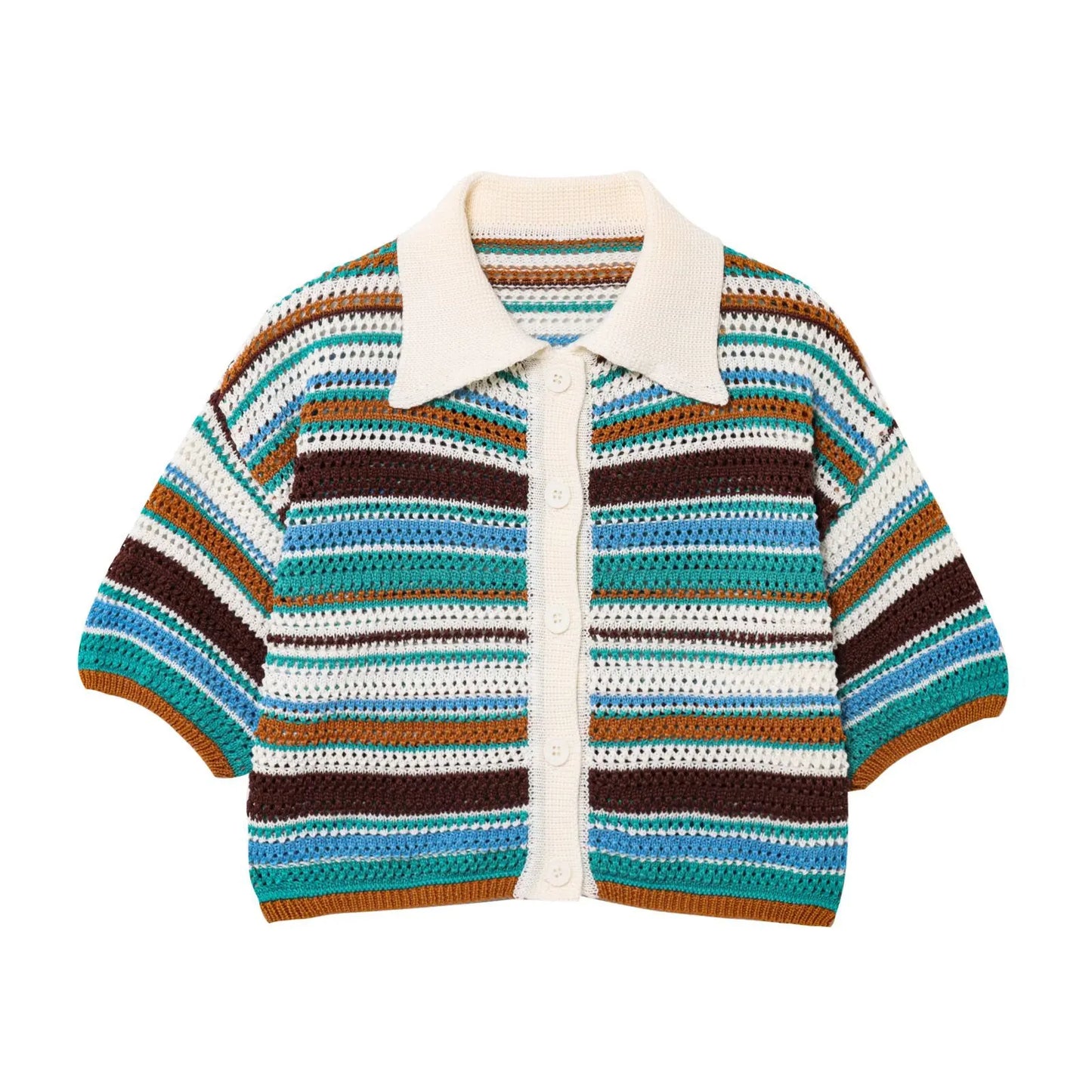 Women Y2K Patchwork Striped Crochet Knit Crop Sweater & Shorts Set – Hollow Out Short Sleeve Polo Collar Outfit