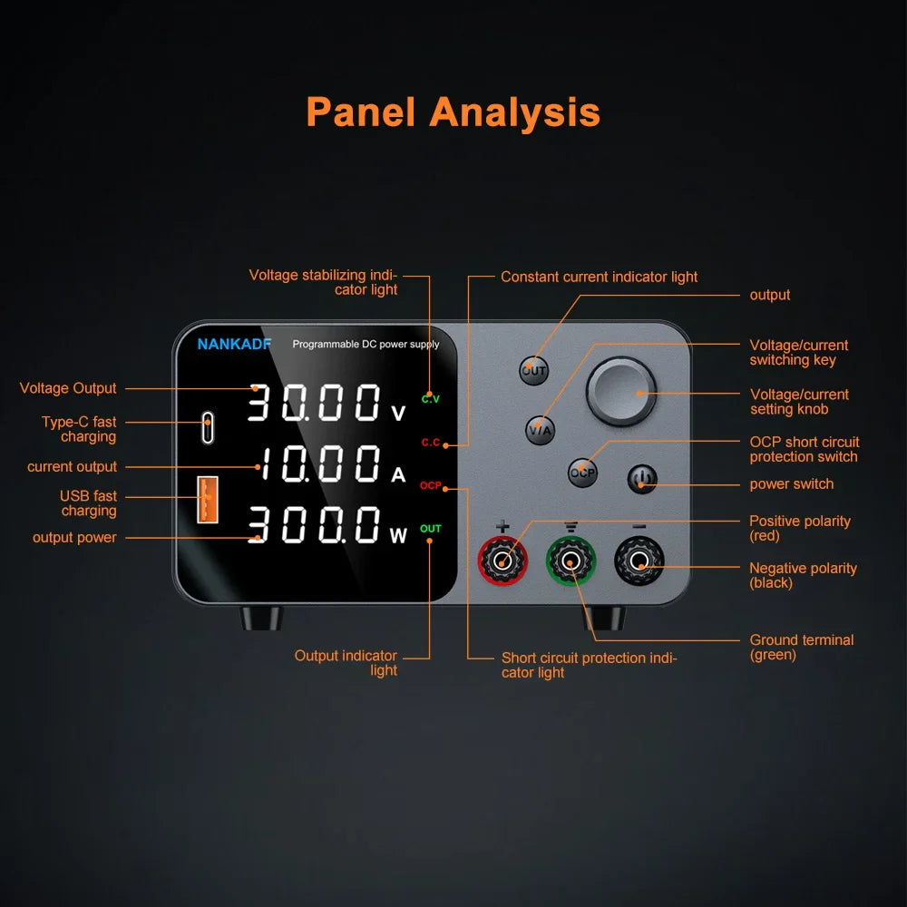 30V 10A Adjustable DC Lab Power Supply – 4-Digit LED Display, USB-A/Type-C 5V/3.6A Fast Charge with Encoder Control