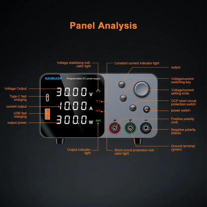 30V 10A Adjustable DC Lab Power Supply – 4-Digit LED Display, USB-A/Type-C 5V/3.6A Fast Charge with Encoder Control
