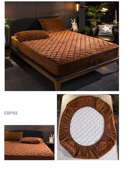 Crystal Velvet Quilted Mattress Cover - Thick Warm Plush Fitted Bed Sheet for Queen & King Size Beds, Pillowcase Not Included