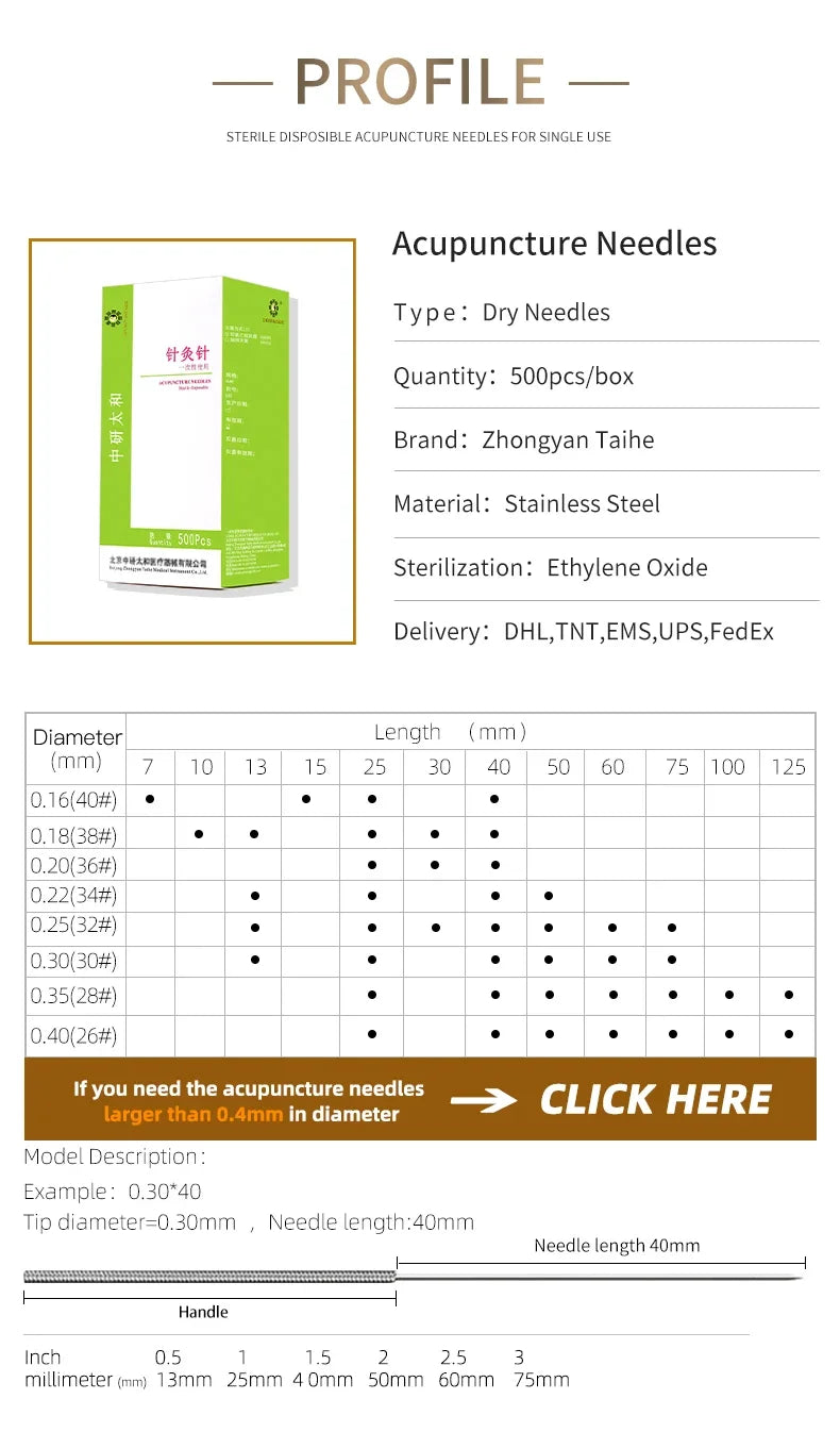 ZHONGYAN TAIHE Acupuncture Needles – 500/Box Sharp Disposable Sterile Needles with Tube for Beauty & Massage, 5-Year Validity