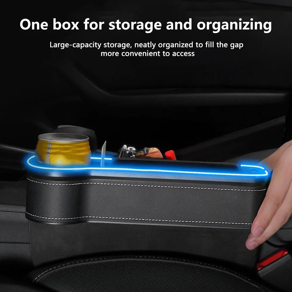 Car Crevice Storage Box with 2 USB Charger – LED Seat Gap Organizer, Phone, Bottle, and Cup Holder