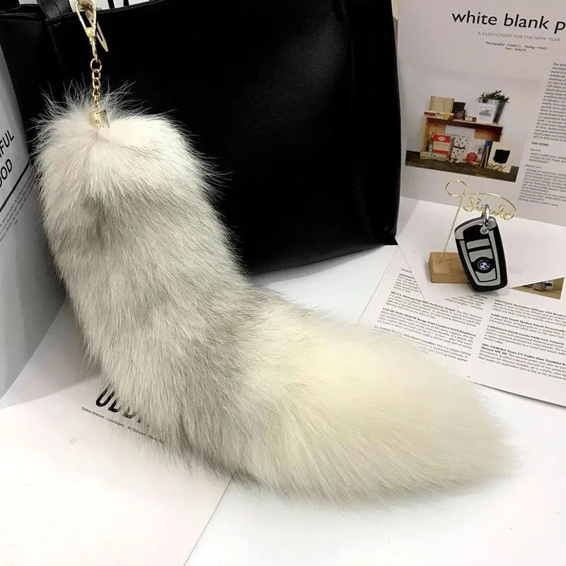 Natural Fox Fur Tail Keychain – 40cm Furry Racoon Bag Charm & Fluffy Keyring Accessory for Women