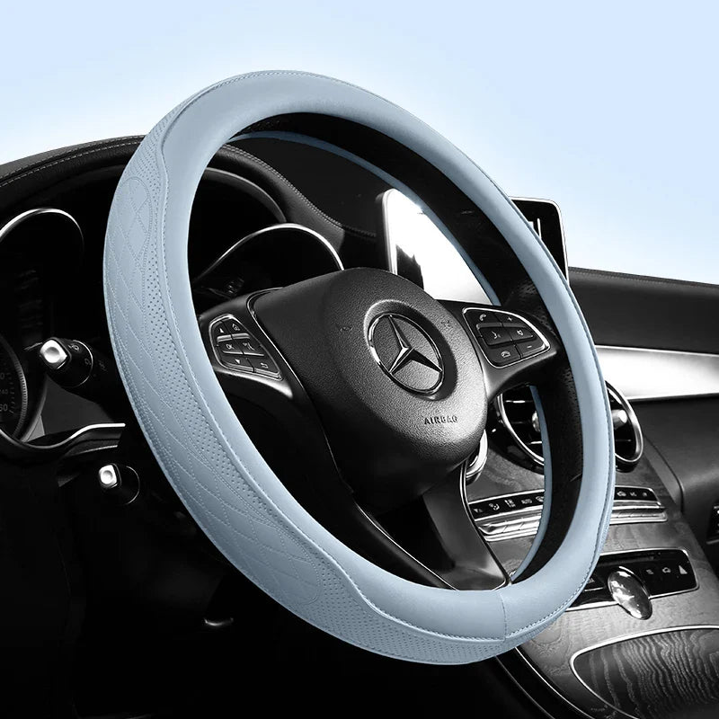 Napa Leather Perforated Patchwork Steering Wheel Cover - Non-slip & Breathable, Universal 15 Inch (38cm)