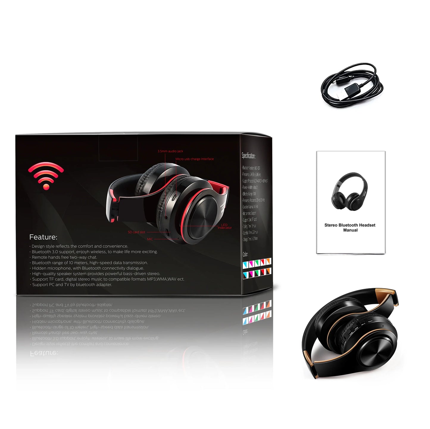 Men’s Gift Gold Wireless Headphones – Bluetooth Stereo Earphones with Built-in MIC, 3.5mm Jack for Xiaomi, Samsung, iPhone