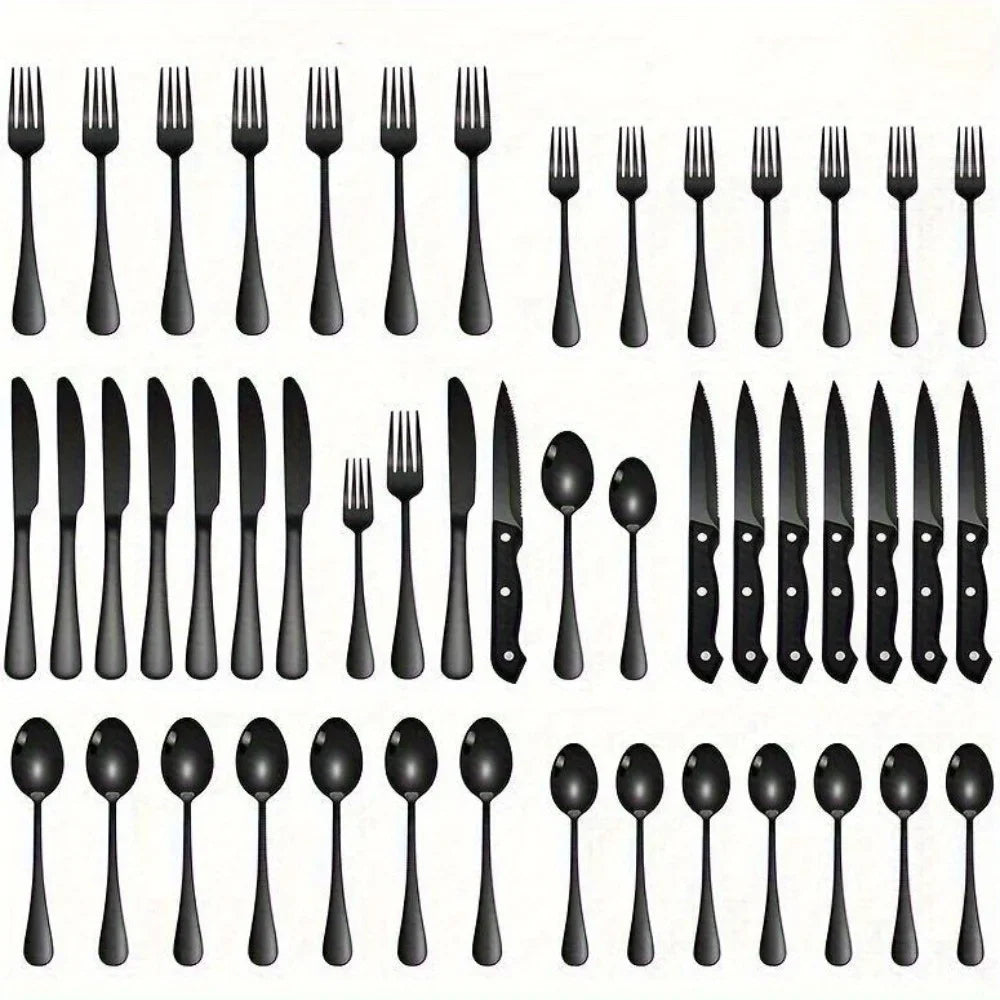 36-Piece Black Silverware Set with Steak Knives – Food-Grade Stainless Steel Flatware & Tableware Cutlery Set