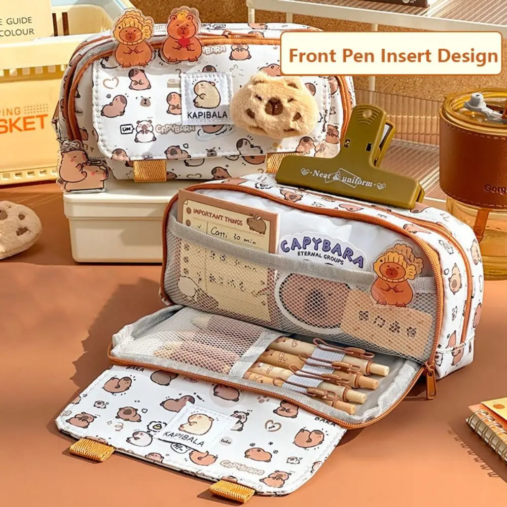 INS Capybara Four-Layer Large Capacity Pen Bag - Cute Cartoon Pencil Case, Stationery Organizer & Storage Bag for Students, Perfect Gift