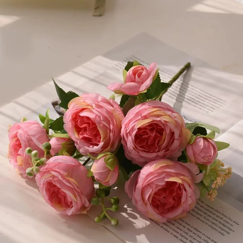30cm Rose Pink Peony Silk Bouquet Artificial Flower, 5 Big Heads & 4 Small Buds for Wedding & Home Decor
