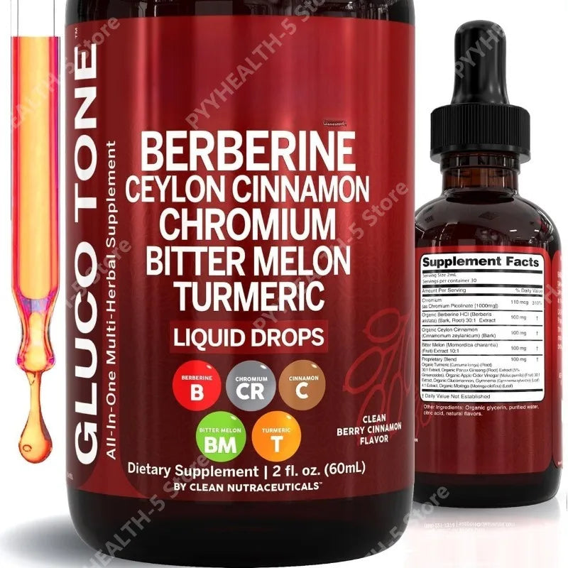 Berberine Liquid Drops Supplement - Ceylon Cinnamon, Bitter Melon, Glucomannan, Gymnema, Chromium & Turmeric Extract Blend