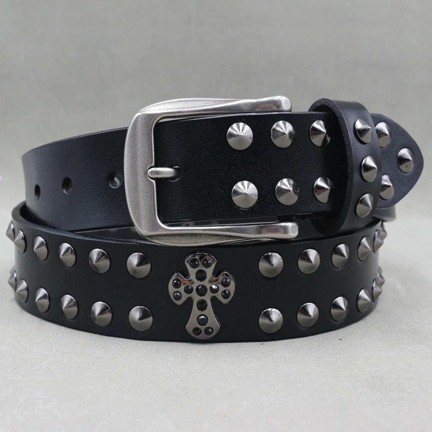 Men’s Designer Rivet Belt – Genuine Cowhide Leather Punk Rock Pin Belt for Jeans, Luxury Black Leather Belt