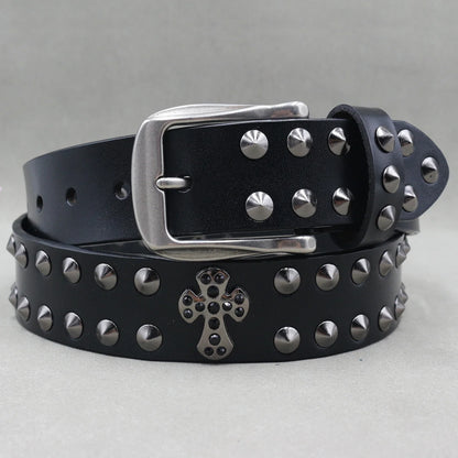 Men’s Designer Rivet Belt – Genuine Cowhide Leather Punk Rock Pin Belt for Jeans, Luxury Black Leather Belt
