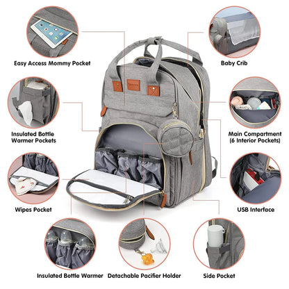 3-in-1 Diaper Bag Backpack – Waterproof Travel Bag with Foldable Baby Bed & USB Charging